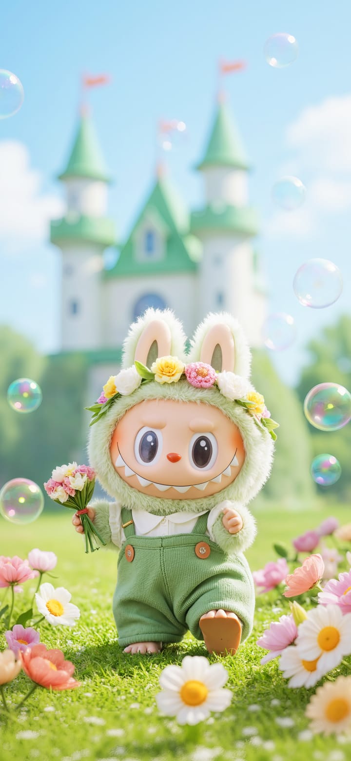LABUBU Spring Garden Castle Wallpaper - Cute Bunny Ear Doll Fantasy Scene Mobile Wallpaper