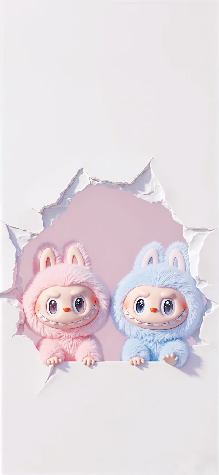 Double Labubu Bunnies Breaking Through the Wall Wallpaper